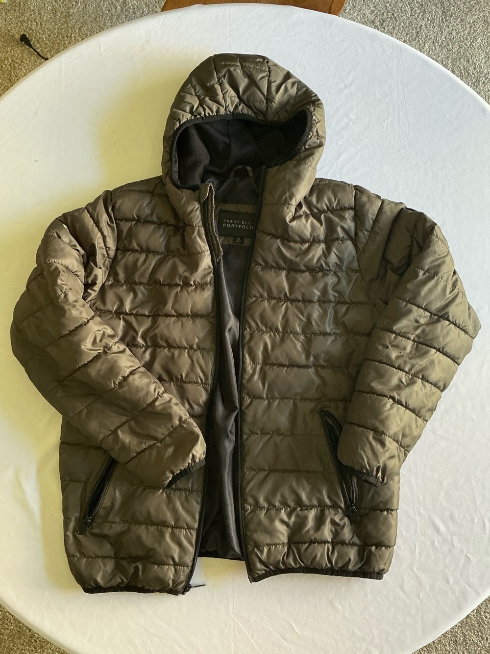 Perry Ellis Olive Green Quilted Hooded Puffer Jacket